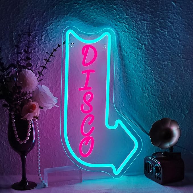 Looklight Disco Neon Signs for Wall Decor Pink Blue LED Word Light Sign Right-Pointing Arrow Neon Light USB Light Up Letters Sign for Disco Lover Music Bar Music Studio Rec Room Bedroom Party Decor