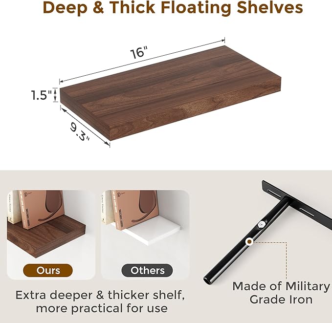Floating Shelves 16"W x 9"D Set of 2, 9.3 Inch Deep Floating Shelf for Wall, Wall Mounted Bathroom Shelves, Wide Wall Shelves for Books, Rustic Floating Shelves for Living Room, Kitchen, Walnut Color