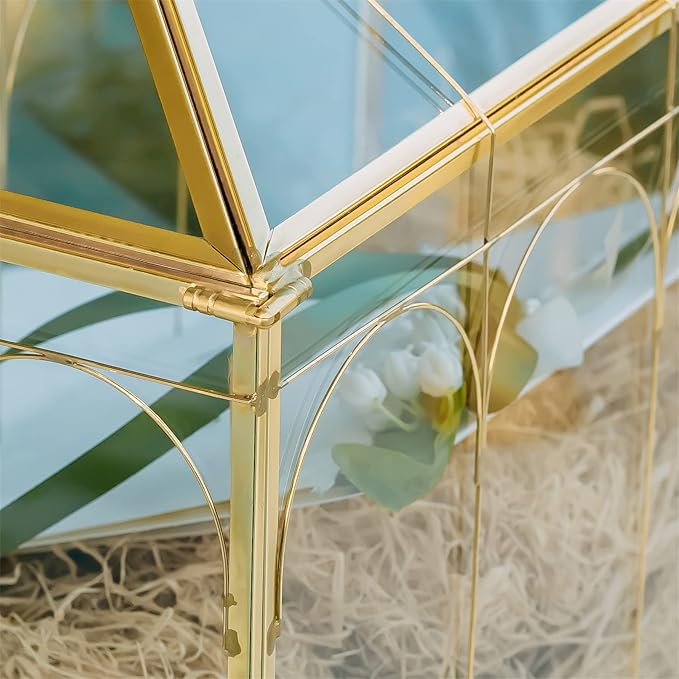 NCYP Glass Cards Box with Slot and Lock for Wedding - 12.6" x 5.9" x 9" Geometric Vintage Envelops Wishwell Card Holder - Tabletop Reception, Birthday Party Decor, Gold (Glass Box Only)