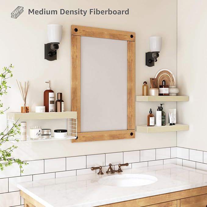 QEEIG Bathroom Shelves Over Toilet - Wall Mounted Floating Shelves Toilet Paper Storage Small Farmhouse Decor Shelf 16 inch Set of 3, Natural (019-BNW3)