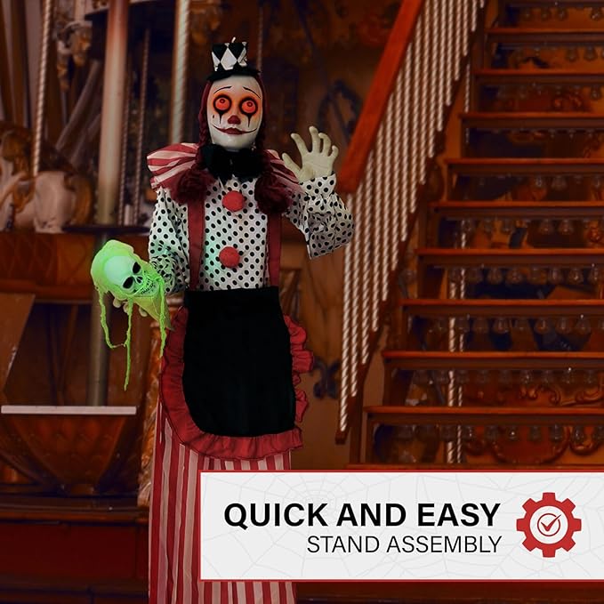 Haunted Hill Farm Life-Size Scary Talking Clown Girl, Creepy Halloween Prop with Touch Activated Lights, Poseable, Battery Operated Indoor or Covered Outdoor Halloween Decorations