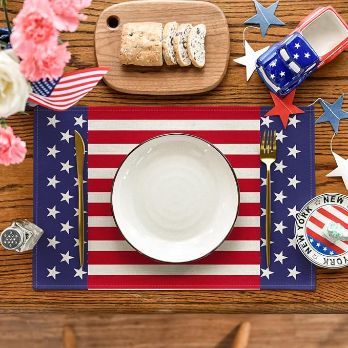 Artoid Mode Watercolor Stripes and Stars 4th of July Placemats Set of 4, 12 x 18 Inch Patriotic Memorial Day Seasonal Holiday Table Mats for Dining Table Decoration