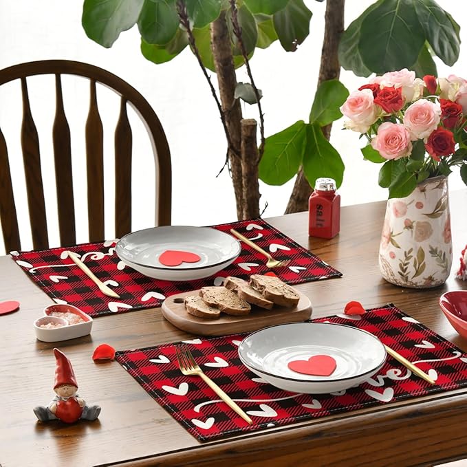 Artoid Mode Black Red Buffalo Plaid Love Valentine Placemats Set of 4, 12x18 Inch Seasonal Anniversary Holiday Table Mats for Party Kitchen Dining Decoration