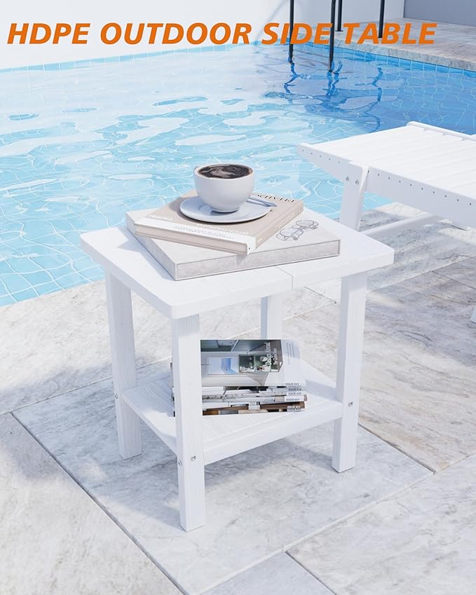 2-Tier Adirondack Square Outdoor Side Table, Pool Composite Patio Table, Weather Resistant End Table for Patio, Backyard, Pool, Easy Maintenance - White