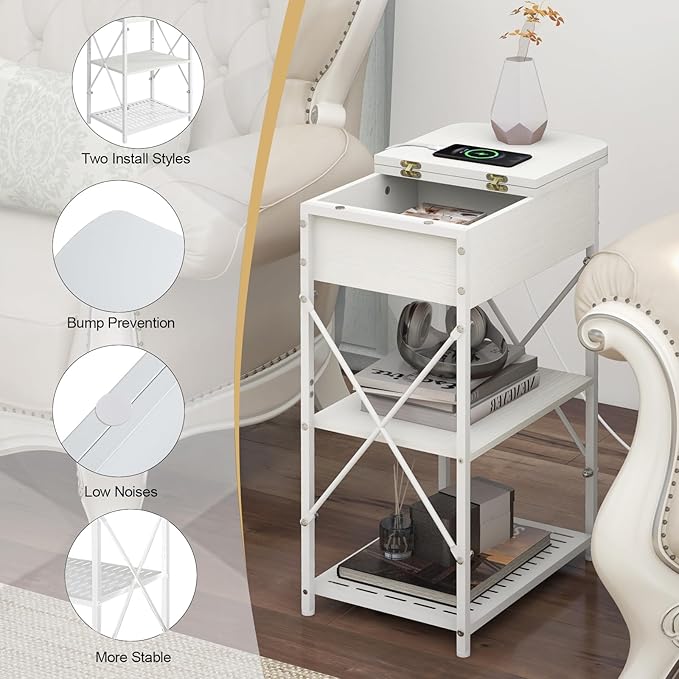 Narrow Side Table with Charging Station, End Table with 3 USB Ports and 2 AC Outlets, Flip Top End Table with Storage, White Side Tables Living Room, Nightstand with Drawer for Bedroom