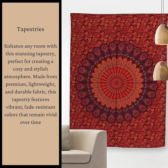 Bless International Handmade Indian hippie Bohemian Psychedelic Peacock Mandala Wall hanging College Dorm Beach Throws Table Cloth Bedding Tapestry (Orange Brown, Queen(84x90Inches)(215x230Cms))