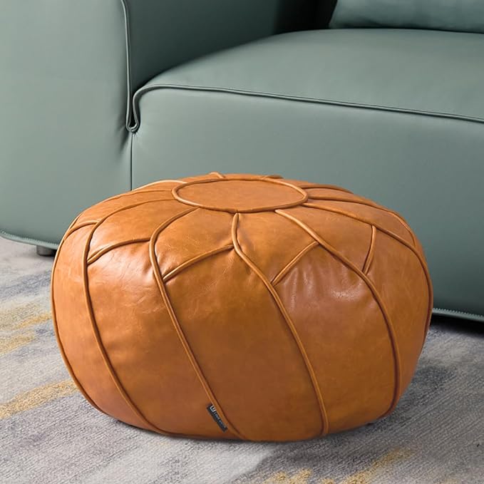 Louis Donné Unstuffed Pouf Cover, Round Foot Stool Ottoman for Foot Rest, Storage Bean Bag Floor Chair, Waterproof Faux Leather Pouffe, Footstool for Living Room, Kids Room or Bedroom (Yellowish)