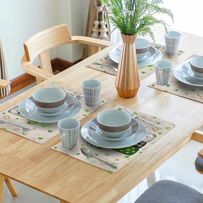 Giwawa 12"x18" Patrick Vases Placemats Set of 4 Lucky Shamrocks Horseshoes Mason Jars Place Mat Spring Clovers Leaf Elf Hat Washable Linen Table Mats for Party Kitchen Dining Holiday Decor