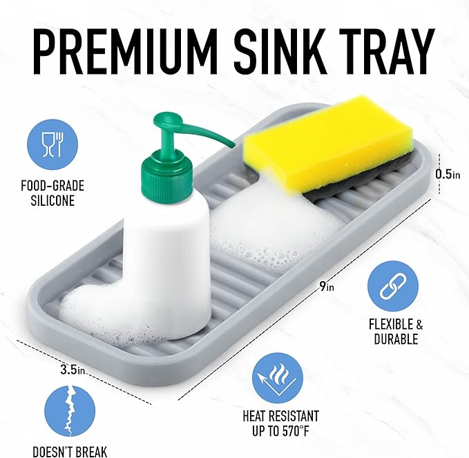 Zulay Kitchen (9x3.5) Silicone Sponge Holder for Kitchen Sink - Flexible Multipurpose Soap Tray - Sink Organizer for Kitchen, Bathroom, Makeup, Trinkets & More (Gray)