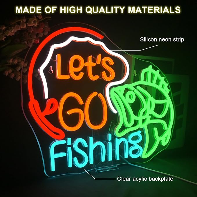 Lucunstar Let's Go Fishing Neon Sign,Dimmable Fish Neon Light for Wall Decor,LED USB Powered Fishing Hook Lights for Bedroom Living Room Man Cave Yacht Decor Men Gifts
