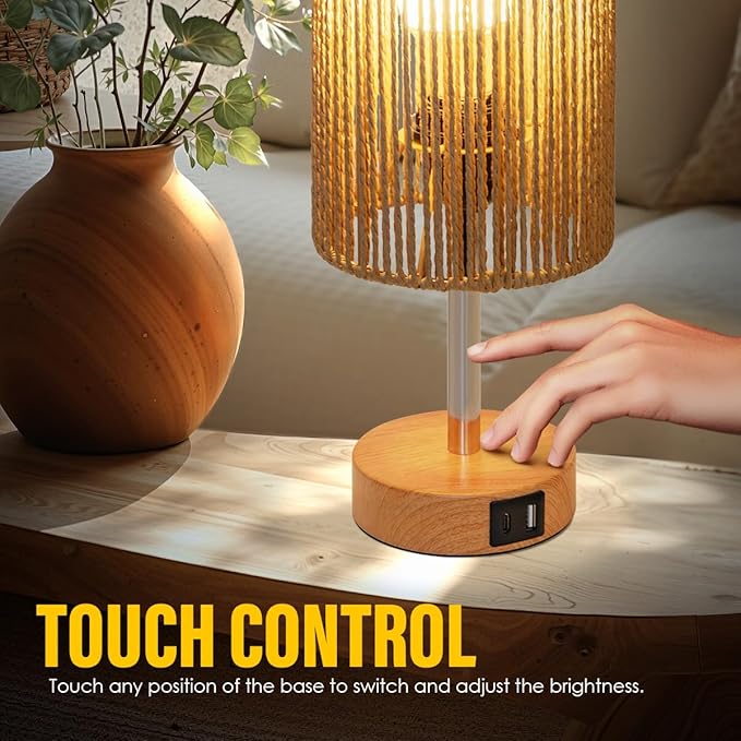Yarra-Decor Bedside Lamp with USB Port - Touch Control Table Lamp for Bedroom (Rattan)