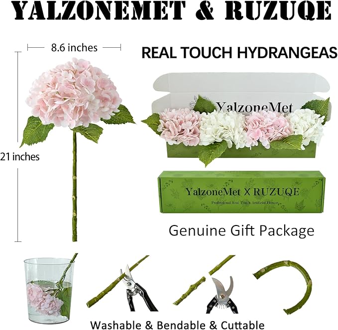 RUZUQE 4 Pcs Hydrangea Artificial Flower 2 White + 2 Pink 21'' Long Stem Lifelike Real Touch YalzoneMet Hydrangea Latex for Home Kitchen Decoration Bridal Bouquet Wedding Outdoor Decor