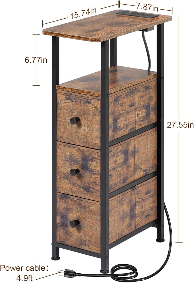 Narrow End Tables Living Room Set of 2 with Charging Station, Skinny Side Table with Fabric Drawers, Slim Nightstand for Bedroom, Small Spaces, Couch, Rustic Brown, HETNDP03PBR