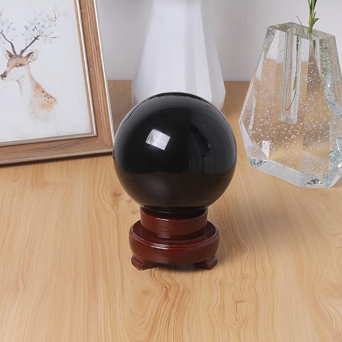 LONGWIN 120mm (4.7 in) Divination Black Crystal Ball Fengshui Sphere Home Decorations Meditation Ornaments with Rotating Wooden Stand