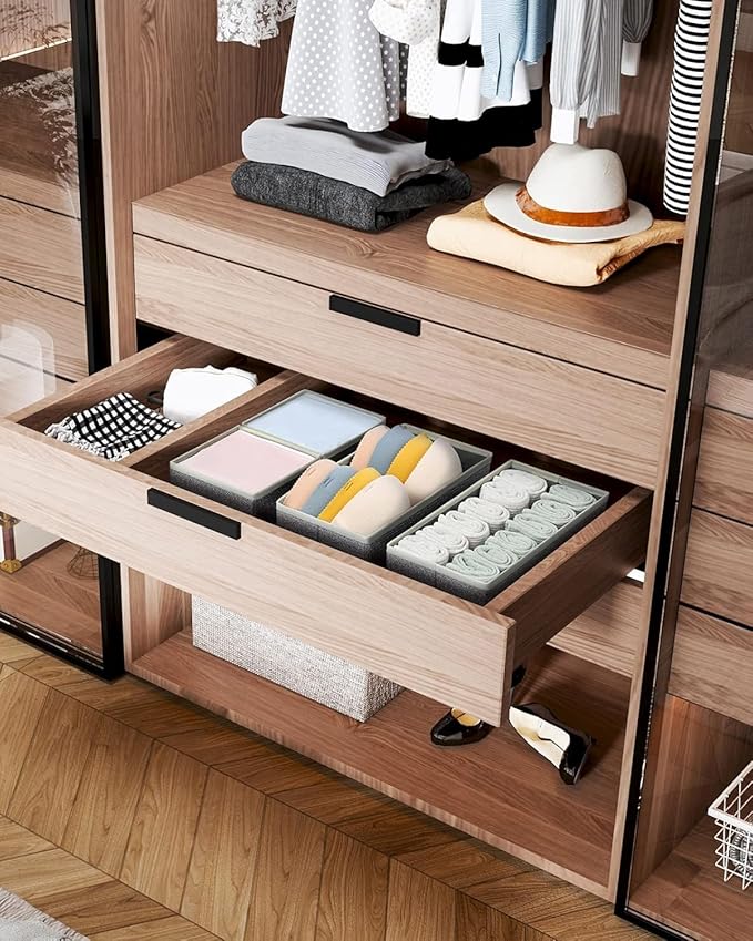 DIMJ Drawer Organizers for Clothing, Set of 16 Dresser Drawer Organizers, Fabric Closet Organizers and Storage, Drawer Dividers for Baby Clothes, Socks, Belt, Tie (Gray)