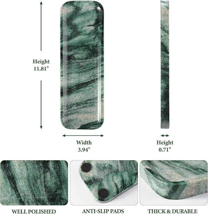 Koville Marble Tray for Bathroom Sink, 12"x4" Natural Stone Vanity Tray for Kitchen Dresser Countertop, Rectangular Decorative Marble Trays for Jewelry Perfume Trinket(Green)