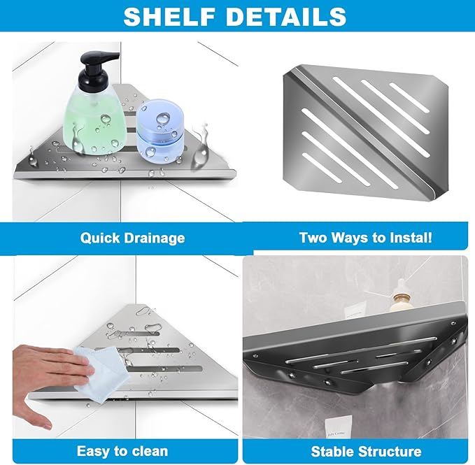 2 Pcs 304 Stainless Steel Shower Corner Shelf with Screws, Triangle Shower Caddy Coner Organizer Metal Corner Shelf Wall Mount Soap Holder for Bathroom, Kitchen Organization