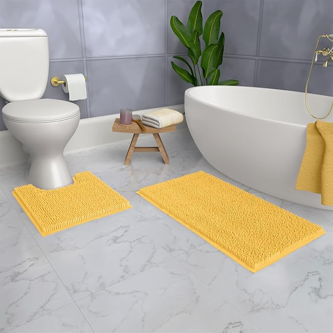 Bathroom Rugs Sets 2 Piece, Luxury Chenille Bath Mat Set, Soft Plush Anti-Slip Bath Rug + U-Shaped Toilet Mat. Microfiber Shaggy Carpet, Super Absorbent (24” x 36” & 20” x 24” U, Yellow)