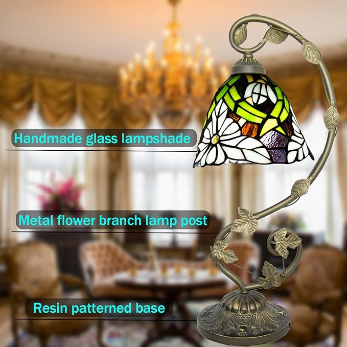 Tiffany Lamp,21x11x8 inches Stained Glass Lamp,White Chrysanthemum Tiffany Style Table Lamp with Three-Color Dimming for Bedside,Dining Table,Antique Office