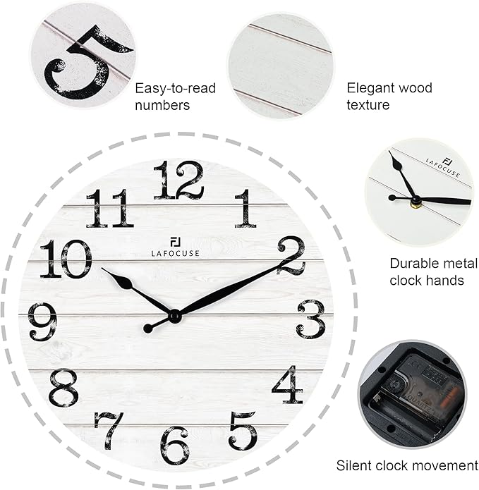 Lafocuse 12 Inch Silent White Wall Clocks for Kitchen Living Room Decor, Wooden Rustic Wall Clock Battery Operated, Decorative Farmhouse Clock