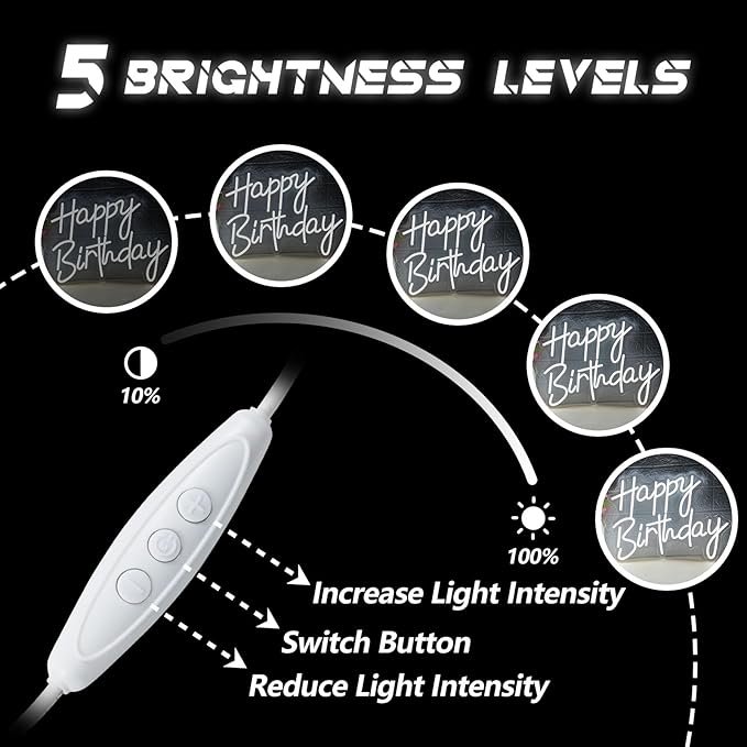 Happy Birthday Neon Sign for Wall Decor, White LED Neon Light Signs, Dimmable Art Decoration Happy Birthday Neon Light Sign for All Birthday Party Decoration 15.7×13 Inch