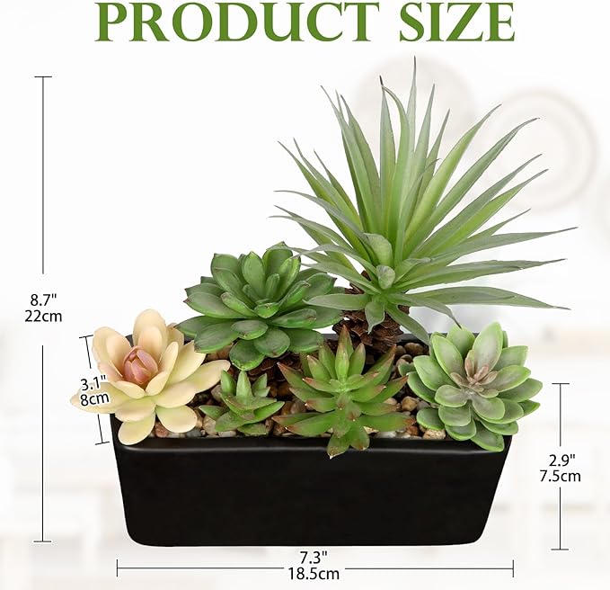 Artificial Succulents Plants in Black Ceramic Planter Assorted Faux Succulents in Pots Arrangement 8.7" Fake Succulent Potted Plant for Home Office Desk Bathroom Shelf Living Room Indoor Outdoor Decor
