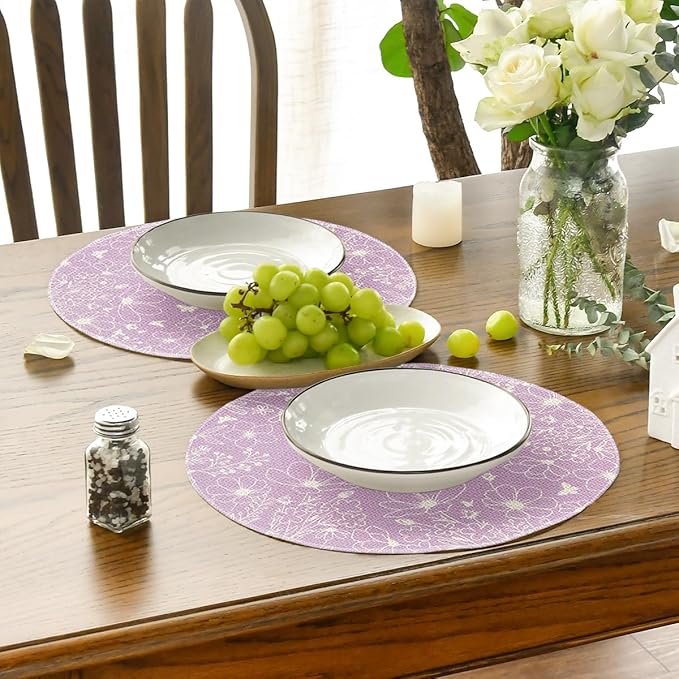 Artoid Mode Purple Flowers Floral Butterflies Spring Round Placemats Set of 4, 14 Inch Seasonal Round Table Mats for Dining Decoration