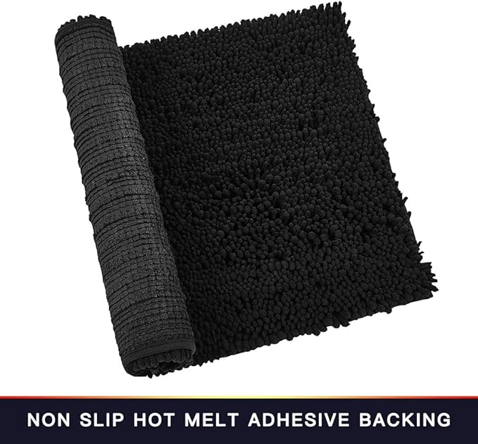 Walensee Bathroom Rug Non Slip Bath Mat (44x24 Inch Black) Water Absorbent Super Soft Shaggy Chenille Machine Washable Dry Extra Thick Perfect Absorbant Best Large Plush Carpet for Shower Floor