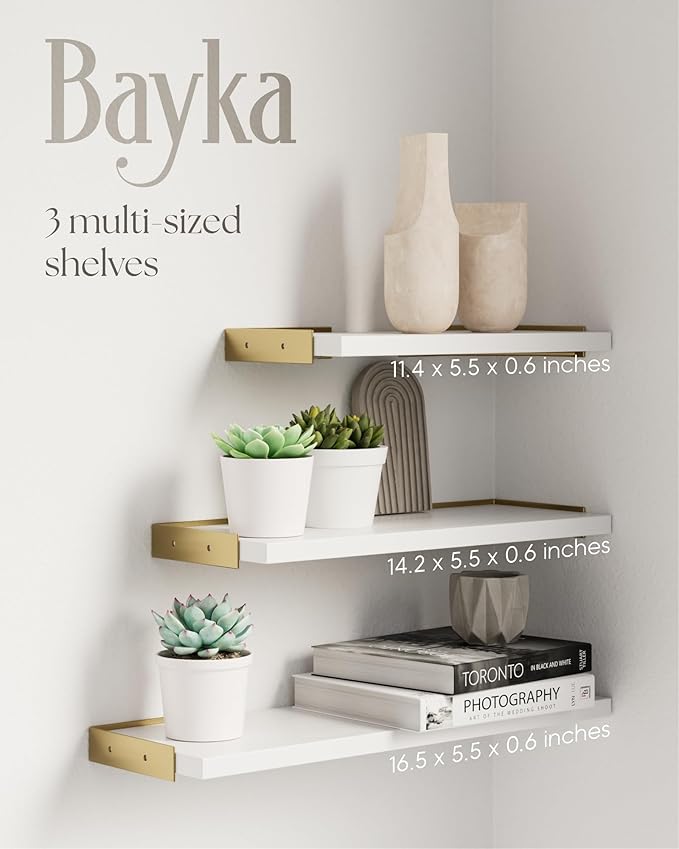 BAYKA Wall Shelves for Bedroom Decor, Floating Wall Shelves for Living Room Kitchen Storage, Wall Mounted Rustic Wood Shelves for Kids Books, Corner Shelf for Bathroom(White and Gold,Set of 4)