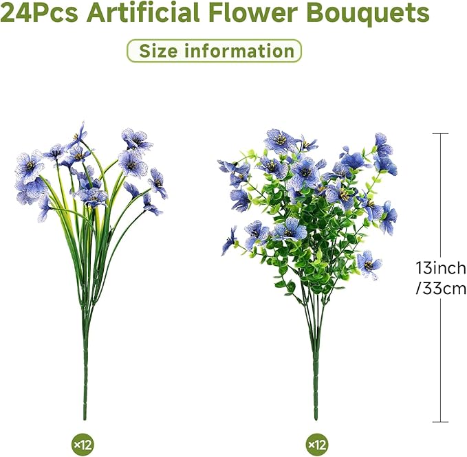 24 Bundles Artificial Flowers for Outdoors Decoration, UV Resistant Silk Violet Faux Colorful Daisy Eucalyptus Spring Fake Plants for Outside Indoor Yard Home Patio Porch Decor, Blue