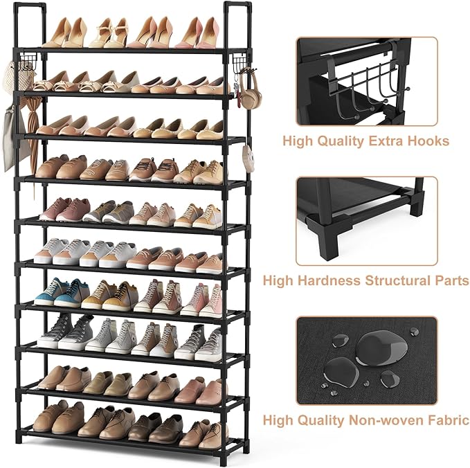 VTRIN 10-Tier Shoe Rack - Large Capacity 50 Pair Organizer with Two Hooks - Sturdy Metal Shoe Shelf for Entryway, Closet, Bedroom