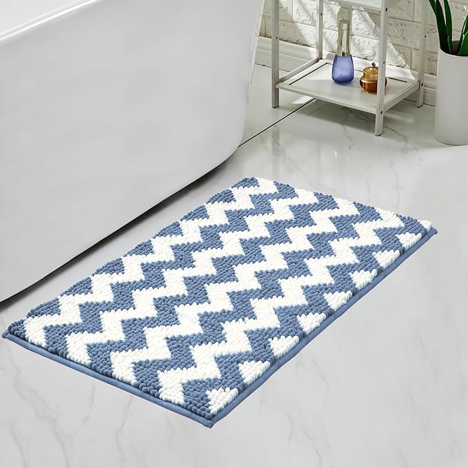 CozeCube Chenille Bathroom Rugs 36" x 24", Soft Microfiber Chevron Bath Mats for Bathroom, Non Slip Shaggy Bath Rugs Machine-Washable, Plush Absorbent Shower Mat, Blue
