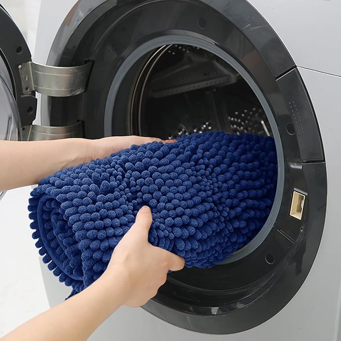 ACCUMTEK Striped Denim Blue Bathroom Rug Mat 70"x24" Ultra Soft, Non Slip Chenille Bath Rugs, Absorbent Plush Shaggy Bath Mats for Bathroom, Bedroom, Kitchen, Shower, Tub