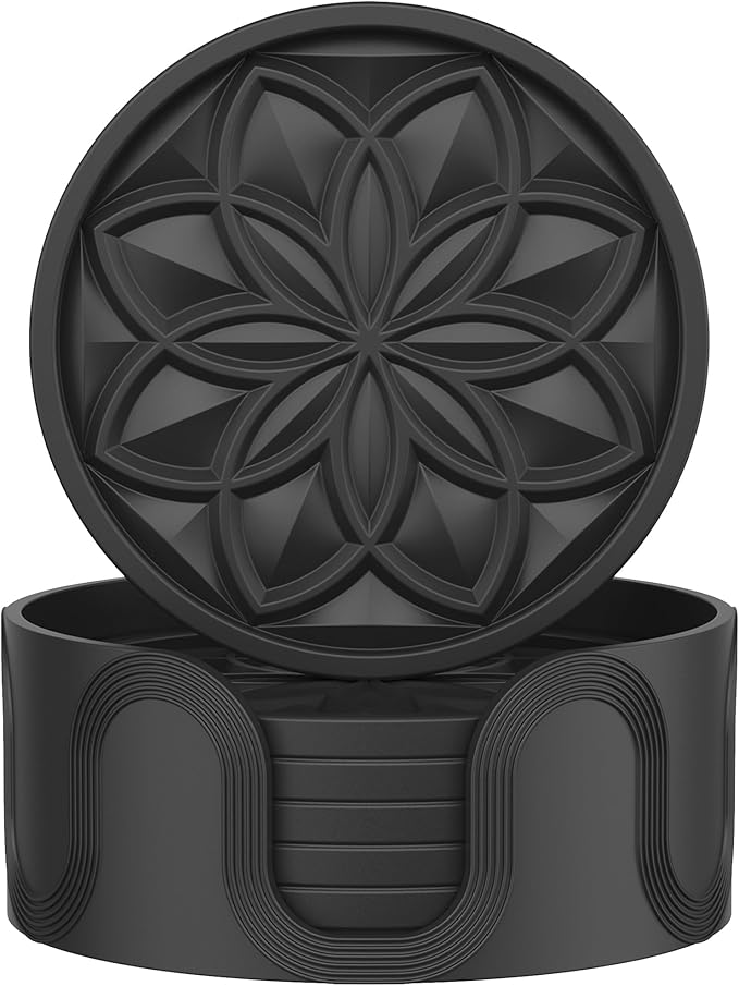 HFHOME Silicone Coasters Set with Holder - 6 Pack Drink Coasters for Coffee Table, Bar, Desk - Tabletop Protection Gift - Black