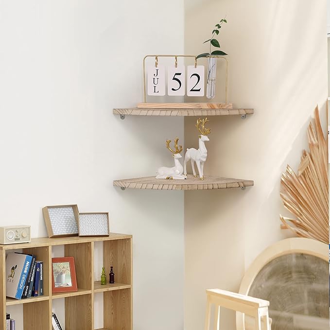 10 inch Corner Wall Shelf, Set of 2 Solid Wood Corner Floating Shelves for Wall, Round End Wall Mounted Floating Corner Shelf for Bedroom, Living Room and Kitchen (Carbonized-10 inch)
