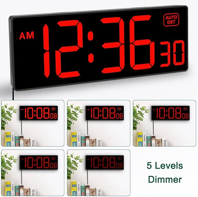 Soobest LED Digital Wall Clock, Large Digital Clock Bold Numbers with Seconds for Seniors Visually Impaired๏ผPlug Electric Clock Dimmable Auto DST Large Display 10 Inches (Red)