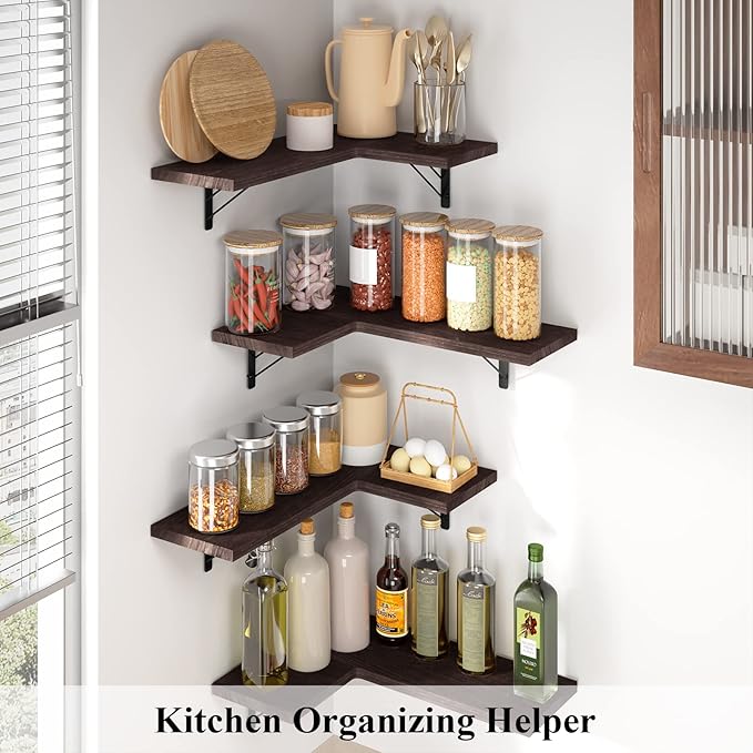 Love-KANKEI Corner Shelf Wall Mounted,Floating Wall Shelves for Storage,Rustic Wood Hanging Shelves for Display,Bedroom Bathroom Living Room Kitchen,Set of 4, Dark Brown