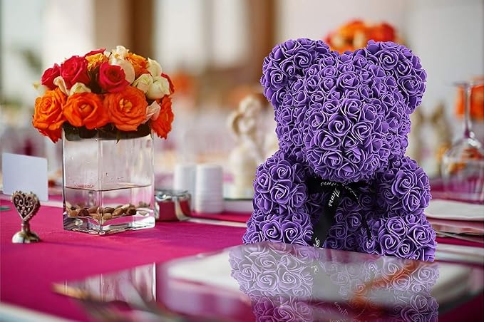 RECUTMS Rose Teddy Bear, 10 inch Flower Bears with Lights, Lighted Up Foam Artificial Floral for Valentines Day, Mothers Day Wedding Anniversary Birthday Halloween Home Bedroom Decoration(A-Purple