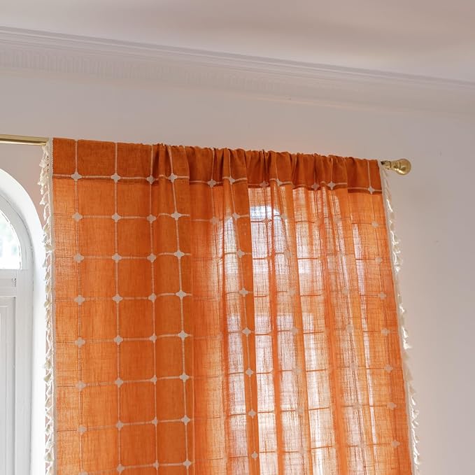 Sutuo Home Boho Curtains Plaids for Bedroom, Semi Blackout Linen Farmhouse Tassels Window Treatment Bohemian Embroidery Drape for Fall Halloween Decor, Rod Pocket 1 Panel 52" W x 84" L, Burnt Orange