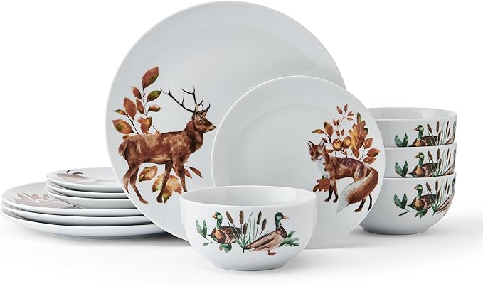 Studio Nova Woodland Wonders Lodge 12 Piece Dinnerware Plate Bowl Set, Service for 4