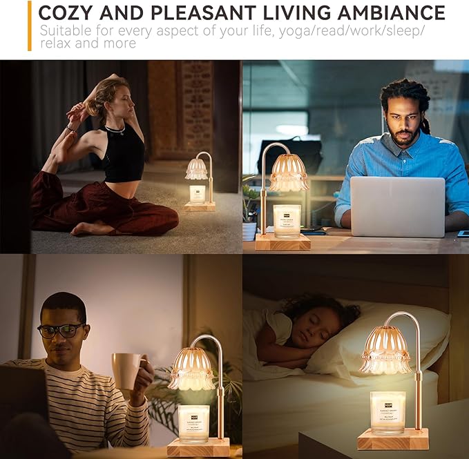 Candle Warmer Lamp with 3 Bulbs, Adjustable Height Dimmable Candle Warmer with Timer, Compatible with Large Jar Candles, Flower Candle Warmer with Charming Gift Box Ribbon(Light Yellow)