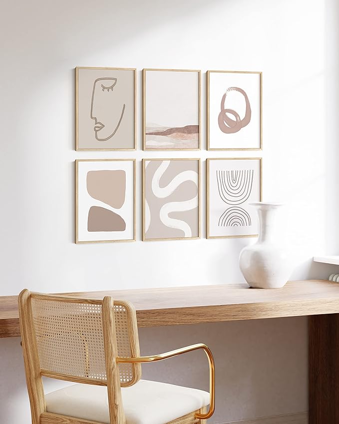 HAUS AND HUES Frameable Beige Boho Art Wall Decor - Set of 6 Neutral Mid Century Modern Wall Art, Minimalist Wall Art, Neutral Wall Decor, Beige Boho Posters for Room Aesthetic (Unframed 11x14)