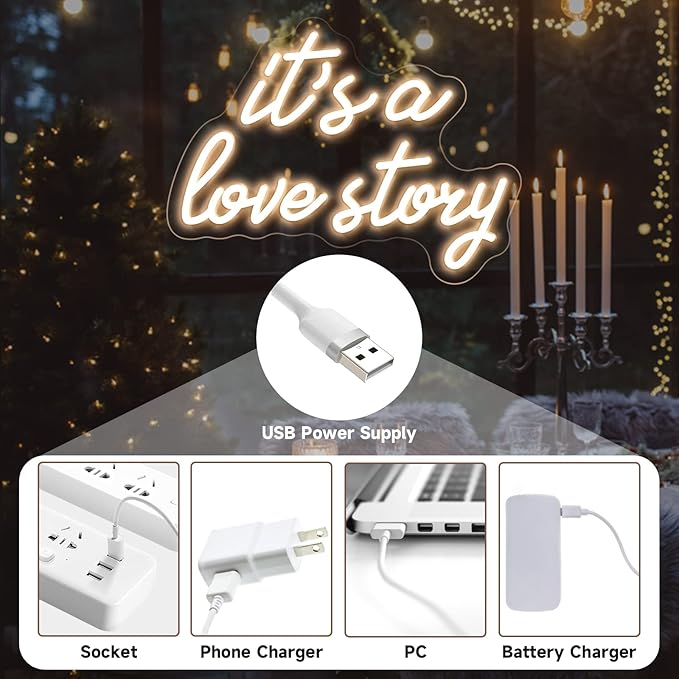 Its a Love Story Neon Sign, white USB Led Light Up Signs for Bedroom Aesthetic Birthday Wedding Party Gift Boyfriend Girlfriend Lover Women Men Room Bathroom Decoration Gift, 15.7 x 11.8 Inch