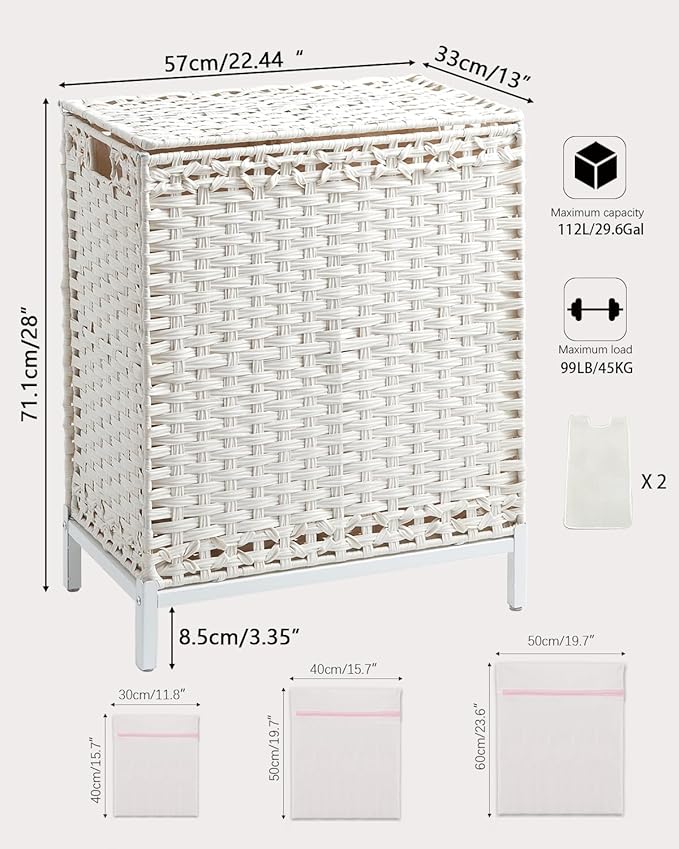 Laundry Hamper with Lid, 112 L Handwoven Rattan Wicker Laundry Basket, 2 Removable Liner Bags Metal Heightened Feet, 6 Mesh Bags, 2 Section Large Clothes Hamper for Bathroom Bedroom, White
