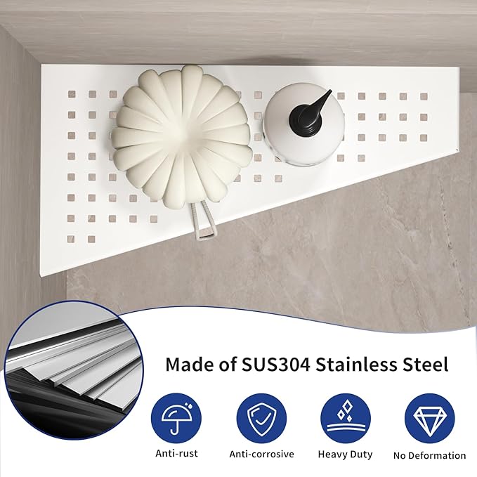 Corner Shower Shelf, 12" Trapezoid Bathroom Shelf 304 Stainless Steel Grout in Shelf for Tiled Wall, No Drilling Needed (White, 12"-2 Pack)