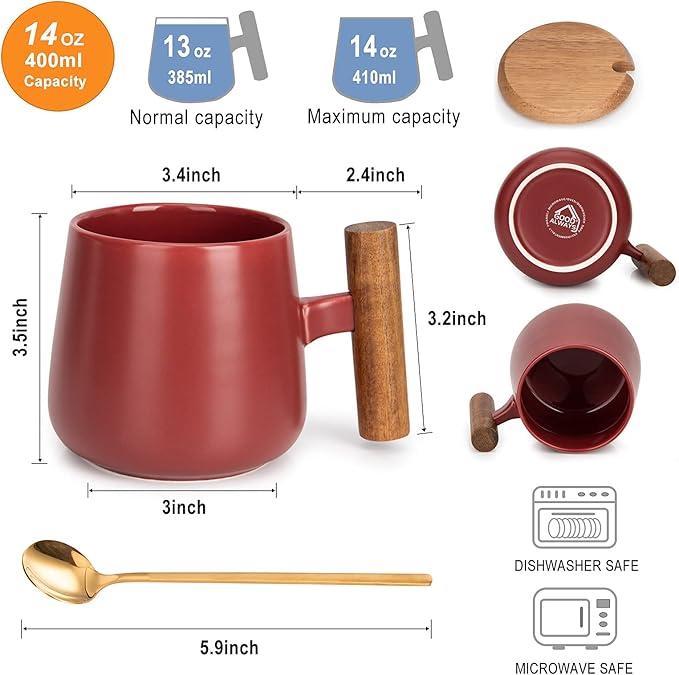 14 Oz Ceramic Coffee Mug with Lid and Coffee Spoon for Latte,Cappuccino Mug, Cocoa Mug, Tea Mug, Birthday Gifts for Women, 1 Pack (Matte Red)