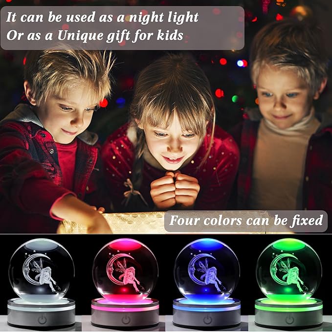 Movdyka 3D Crystal Ball Moon & Fairy Statue Decor Gifts for Women Girls with Colorful LED Base, 3D Laser Fairy Snow Globe Home Decor Crafts - 3.15"/8CM
