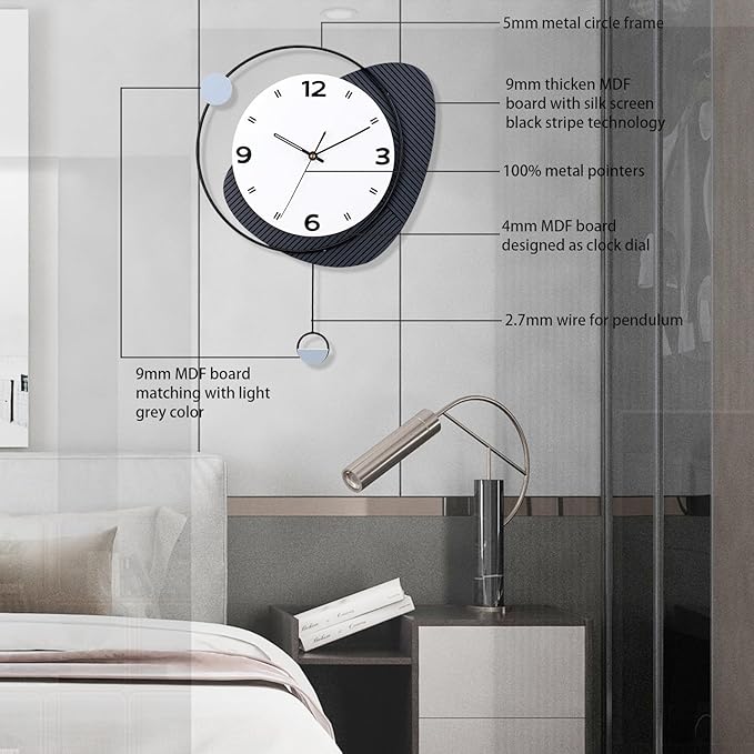 Decorative Wall Clock with Pendulum, Silent Quartz Battery Operated, Large Wall Clock for Living Room, Kitchen, Home, Bathroom, Bedroom Wall Decor,15x20.5 inch
