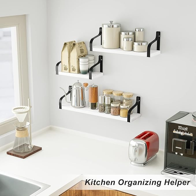Love-KANKEI Floating Shelves Wall Mounted Set of 3, Rustic Wood Wall Storage Shelves for Bedroom, Living Room, Bathroom, Kitchen, Office and More White