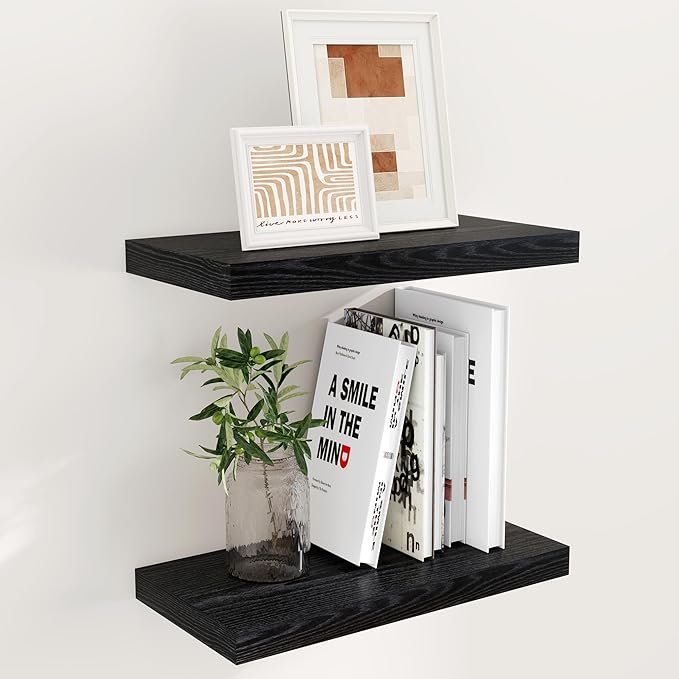 Fun Memories Black Floating Shelves, 9 Inch Deep Floating Shelves for Wall, 16" x 9" Wall Shelves Set of 2, Deep Bathroom Shelves for Home Storage, Wide Black Floating Shelf for Living Room, Kitchen